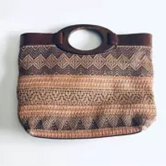 Fossil Wooden Handle VTG Woven Boho Satchel Purse Brown Art Deco - Picture 9 of 9